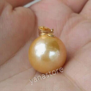 Riesig 13-14mm Echte Natürlich Südsee Perfekt Rund Gelb Perle Anhänger 14k Gold - Bild 1 von 6