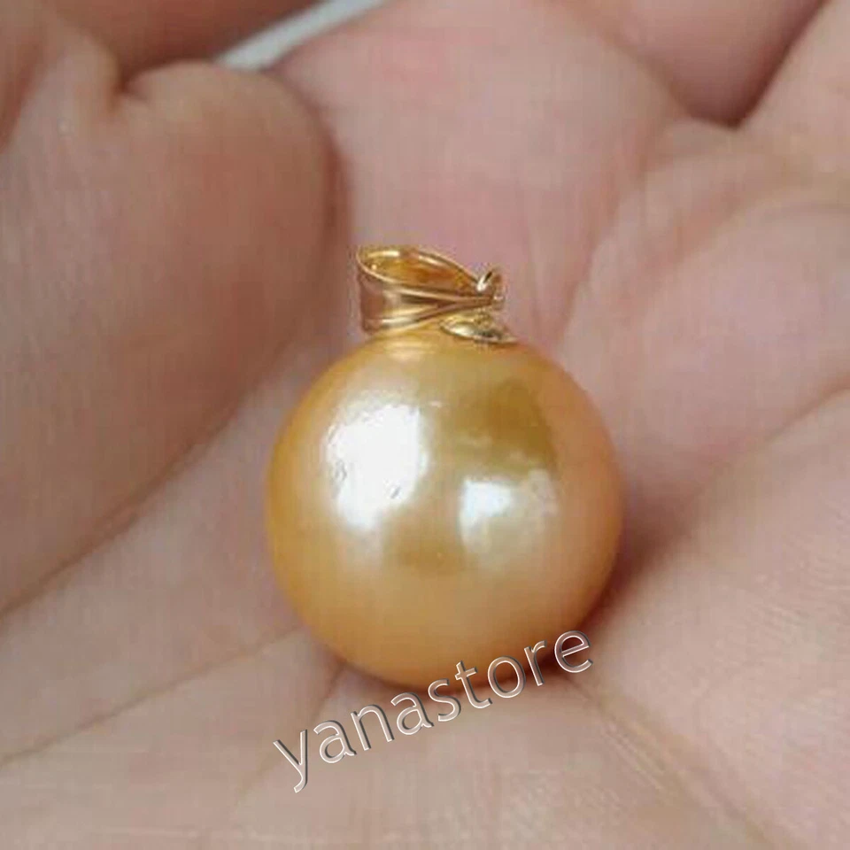 Riesig 13-14mm Echte Natürlich Südsee Perfekt Rund Gelb Perle Anhänger 14k Gold - Bild 1 von 4