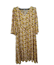 GAP Dress XXL Midi Dress Yellow V Neck 3/4 Sleeve Floral Print Ruffle Hem New