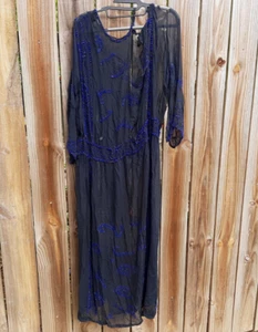 Antique Vintage Glass Beaded Flapper Dress Sheer ~ Navy Silk Blue Beads - Picture 1 of 19