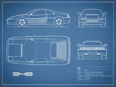 Poster - Ferrari 348 Blueprint, Retro Modern Patent, 3 Sizes - Image 1 of 4