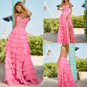 Sexy Abendkleider mit Seitenschlitz Trägerlos Stufen Rüschen Chiffon Party Ballkleider - Bild 1 von 13