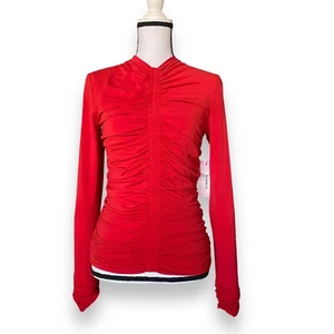 Rachel Parcell Ruched Soft Stretch Top Fits Sz S Red Long Sleeve High V Neck - Picture 1 of 14