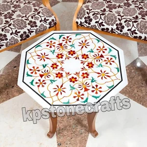 Handmade White Marble Inlay Tabletop 20"x20" – Semi-Precious Stone Design - Picture 1 of 5