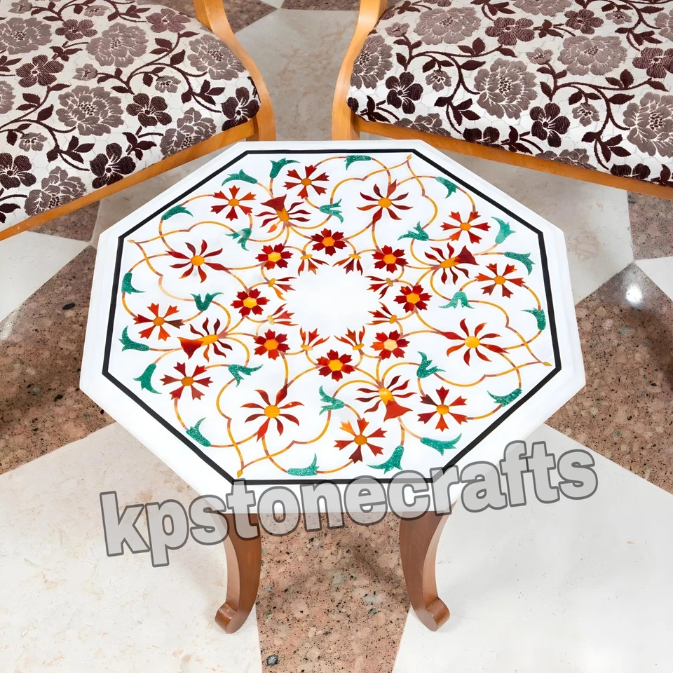 Handmade White Marble Inlay Tabletop 20"x20" – Semi-Precious Stone Design - Image 1 of 4