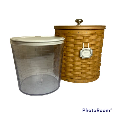 Longaberger 2003 Round Canister Basket Wooden Lid Protector with Lid Charm 8in Cover