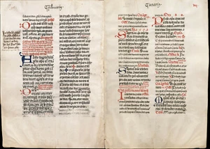 Mittelalterliche Handschrift Blatt Folio Größe Pergament 10x14" rot blau schwarz ca. 1400 - Bild 1 von 3