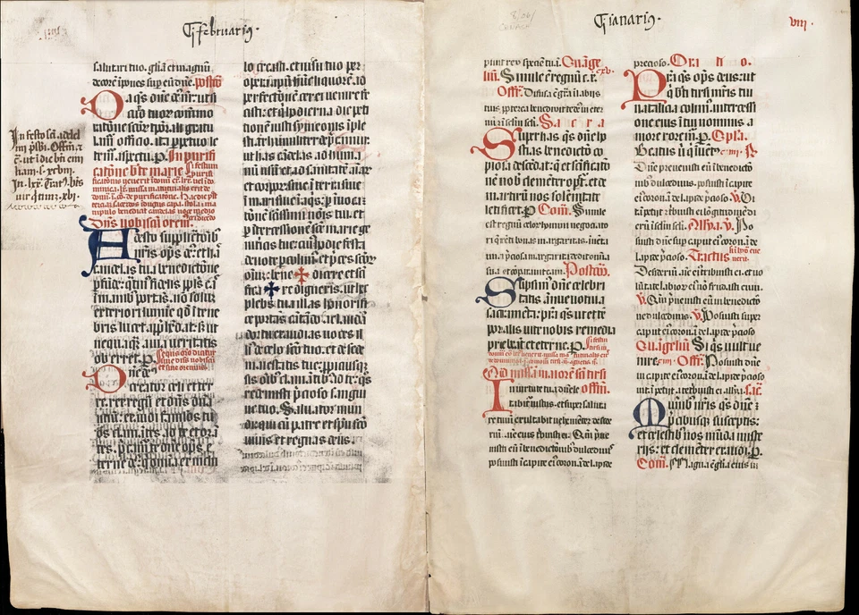 Medieval Manuscript Leaf Folio Size Parchment 10x14" Red Blue Black Circa 1400 - Image 1 of 3