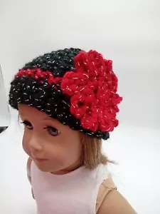 Sparkly Black & Red Hat Crochet Beanie 18" Doll Clothes Fits American Girl - Picture 1 of 3