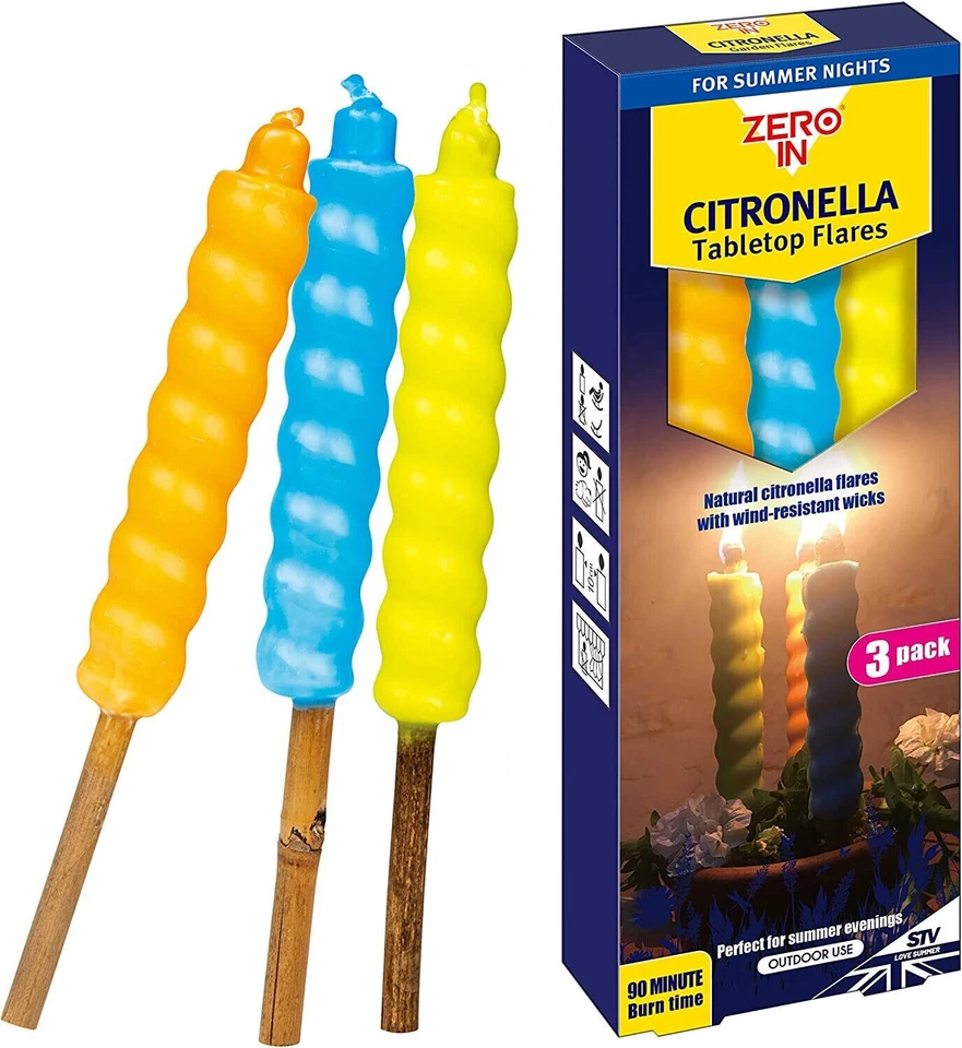 ZERO IN CITRONELLA TABLETOP FLARE CANDLES – 3 PACK GARDEN OUTDOOR SUMMER FLARES - Image 1 of 1