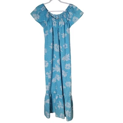 Maxi Vestido Vintage Hilo Hattie Hombro Descubierto Para Mujer Talla Pequeña Azul Hawaiano Foto 1 de 4