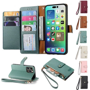 For iPhone 16e 15 14 13 12 11 X 8 7 Multi Card Slots Leather Zipper Wallet Case - Picture 1 of 70