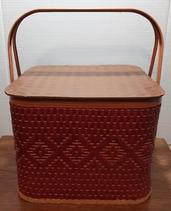 Vintage wood-woven 2 tone Redmon/Red-Man? table top square picnic basket - Picture 1 of 17
