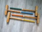 4 maillets croquet anciens/vintage en bois nervuré manipulés authentiquement portés