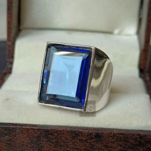 Mens Blue Sapphire Ring, Heavy Men Ring, 925 Sterling Silver, Statement Ring