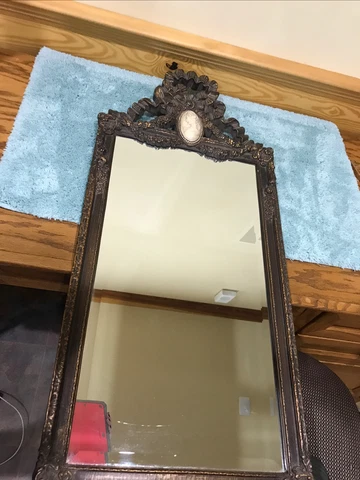Hollywood Regency French Bow Top Wood Handmade Cameo Roses Wall Mirror Beveled Cover