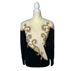 Vintage Dana Scott Blac, Gold & White Wool Blend Knit Sweater Women's Size M - Picture 1 of 15