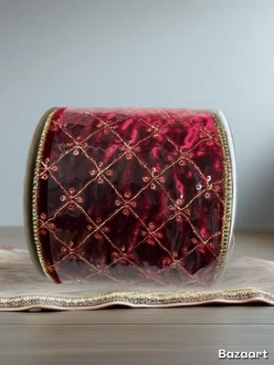 Fortunoff Burgundy Wine Velvet Wired Ribbon Diamond  Metallic Gold Accent 4” 15’ - Image 1 of 4