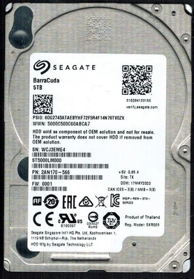 ST5000LM000 P/N: 2AN170-566 F/W: 0001 S/N: WCJ3 TK 5TB MAY 2020 THAILAND SEAGATE - Image 1 of 2
