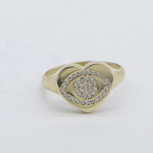 Evil Eye Heart Signet Ring Solid Real 14K Yellow Gold All Sizes - Picture 1 of 5