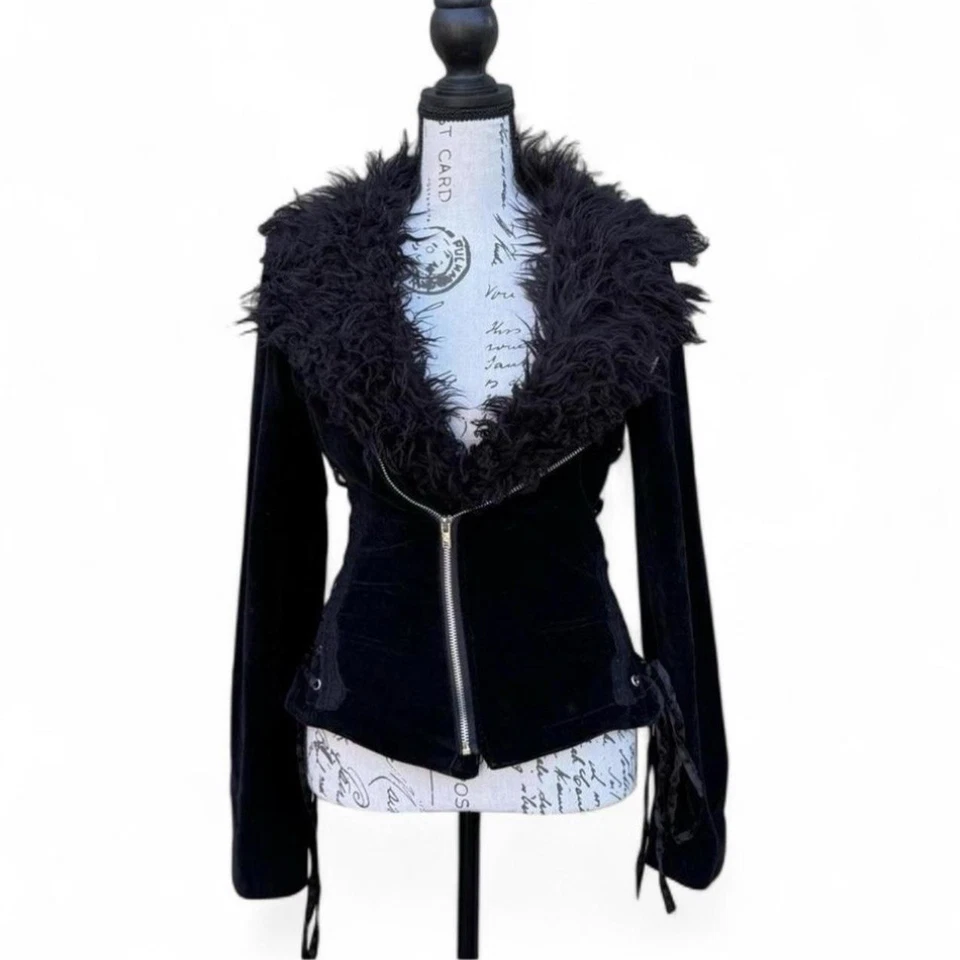 Tripp NYC Jacket Women S Black Velvet Fur Trim Lace Corset Goth Steampunk Emo - Image 1 of 4