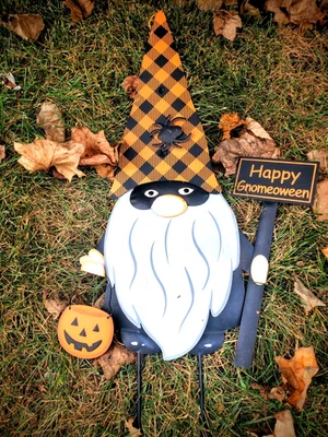 Metal Happy Gnomeoween Sign 28" Halloween Gnome Garden Yard Stake Jack oLantern - Image 1 of 4
