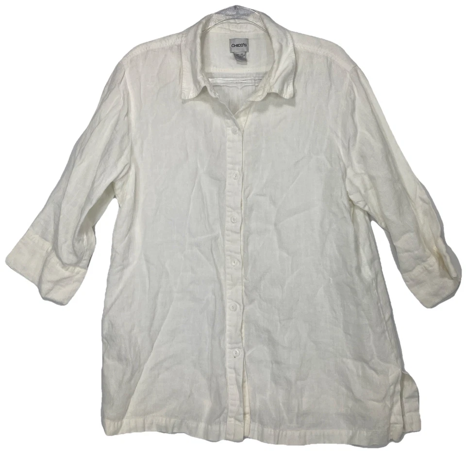 Blusa de lino Chico’s talla 3 (XL) blanca manga 3/4 camisa abotonada Foto 1 de 4
