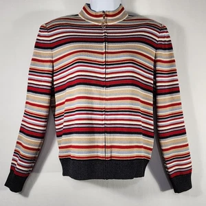 St. John Zip Up Sweater Carigan Jacket Sz S Santana Knit Stripe Red Tan Charcoal - Picture 1 of 21