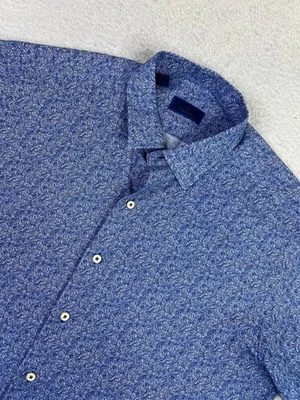 David Donahue Shirt Mens Large Blue Linen Cotton Short Sleeve Button Up Print - Image 1 of 4