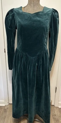 Laura Ashley Vintage Cotton Velvet Forest Green  Puff Sleeve Dress Long 38" bust - Image 1 of 4