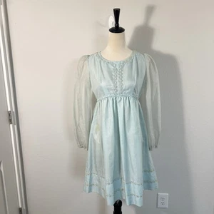Vintage Dress 1960s Midi Puff Sleeve Empire Waist Blue Embroidered Size 6 - Picture 1 of 14