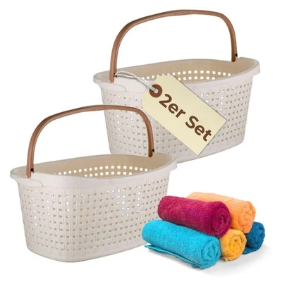 2x Wäschekorb mit Henkel 40 L Wäsche Box Wanne Sammler Plastik geflochten Design - Bild 1 von 4