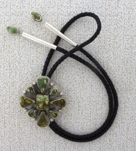 High Grade Natural Pilot Mountain Turquoise Bolo Tie By Lucinda Linkin - Picture 1 of 4