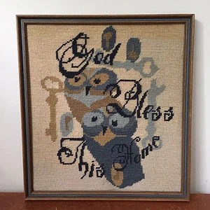 Vintage 70's Owls & Keys Framed Needlepoint "God Bless This Home" Artwork - Picture 1 of 11