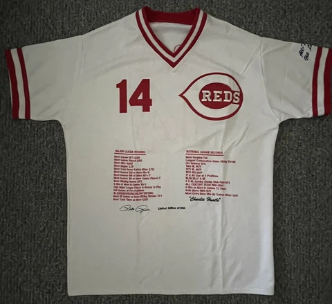 Pete Rose Cincinnati Reds #14 Stat Jersey #1/500 Unsigned White Pullover ATHL Cover