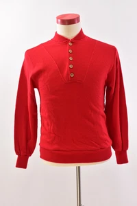 80s Vintage Mens Red Henley Knit Shirt Western Sweater Button Front Ribbed - Picture 1 of 5