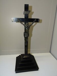-BELLE CROIX D'AUTEL XVIIIe en bois noirci avec Christ en Bronze Argenté JESUS D