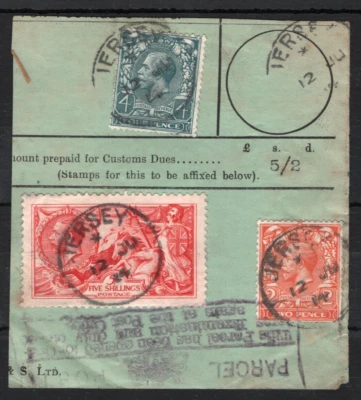 GB KGV SEAHORSE SG.401 5s WATERLOW Super *JERSEY* 1914 CDS Parcel Cat £325+SS472 - Image 1 of 4