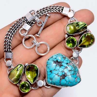 Tibetan Turquoise Peridot Gemstone 925 Silver Handmade Bracelet 8-9" ARB-852 - Image 1 of 3