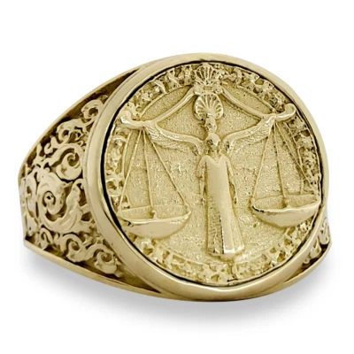 Real 14K Yellow Gold Libra Ring, Zodiac Sign Mens Gold Coin Ring Astrology - Image 1 of 4