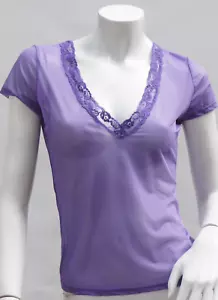 Vintage Victoria Secret Purple Lace Trim Mesh See Through V-neck T-shirt Top Lin - Picture 1 of 7