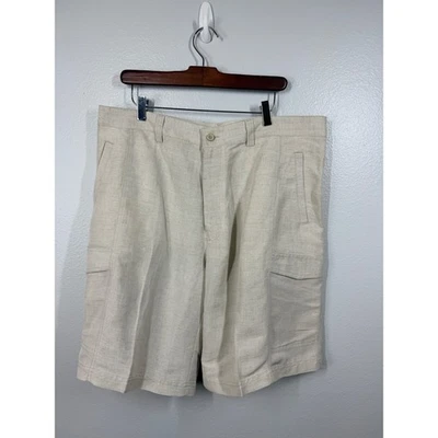 Pantalones Cortos Carga Cubavera Para Hombres Mezcla de Lino Caqui Talla 38 Frente Plano Informal Resort Foto 1 de 4