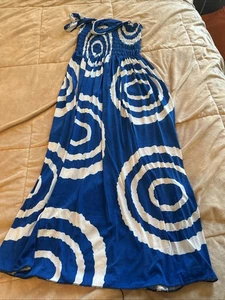Girls Blue Sleeveless Dress with Bold Circular Print Design, Size YL - Picture 1 of 4