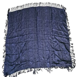 Vintage Zazou Womens Square 38x38 Scarf Dark Blue w/ Fringe Floral Satin - Picture 1 of 4
