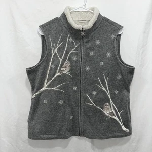 Croft & Barrow Embroidered Owls Trees Snowflakes Zip-Up Fleece Vest Gray PL EUC - Picture 1 of 8