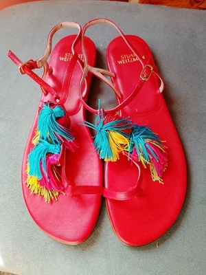 $398 STUART WEIZTMAN Size 9.5 Vibrant Red Jabow Fringe Tassel Sandals - Image 1 of 4