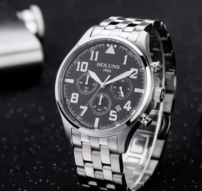 Mens Stainless Steel Watch Quartz Black Sub Dial Date Luxury Silver - Image 1 of 3