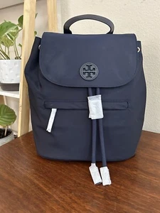 NWT Tory Burch Navy Nylon Flap Drawstring Backpack 73207 - Picture 1 of 9