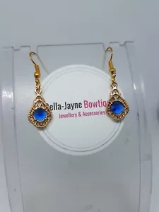 Blue Glass Golden Dangle Earrings, Oriental/boho indian theme Hook Earwire - Picture 1 of 5