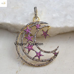 Pave Diamant Mond Anhänger Saphir Rubin Stern Halskette 925 Silber Schmuck Geschenk - Bild 1 von 5